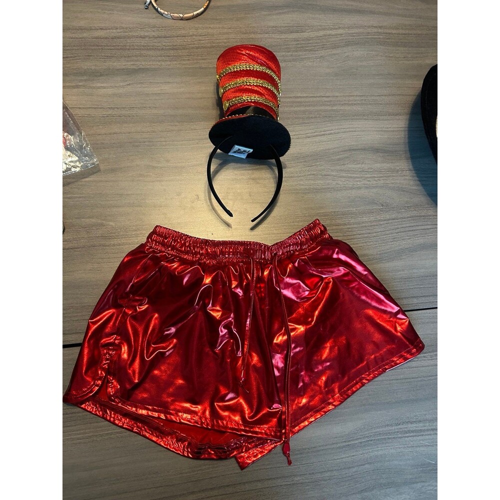 Women’ red metallic shorts and mini ringmaster top hat headband costume Size S